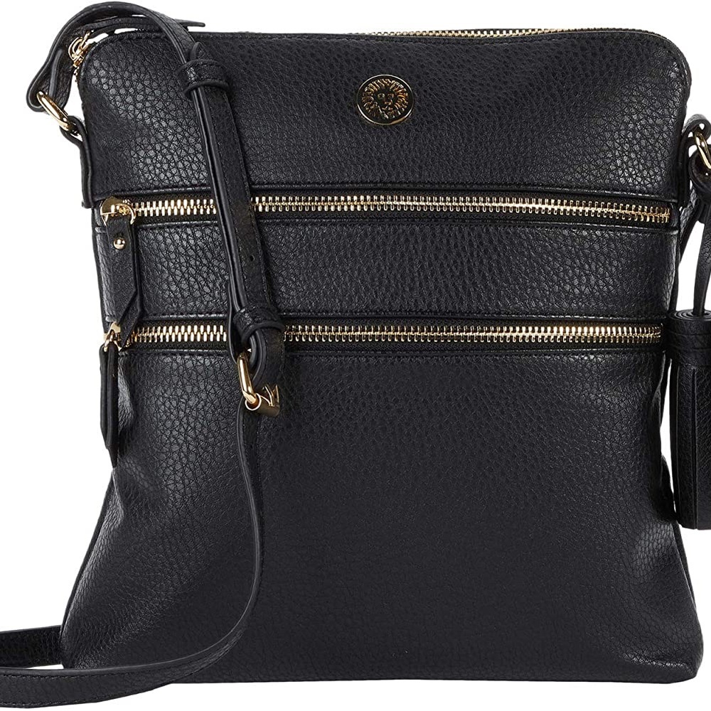 Crossbody Bag Zipper Closure Side Pockets Adjustable Strap Black Gold Hardware